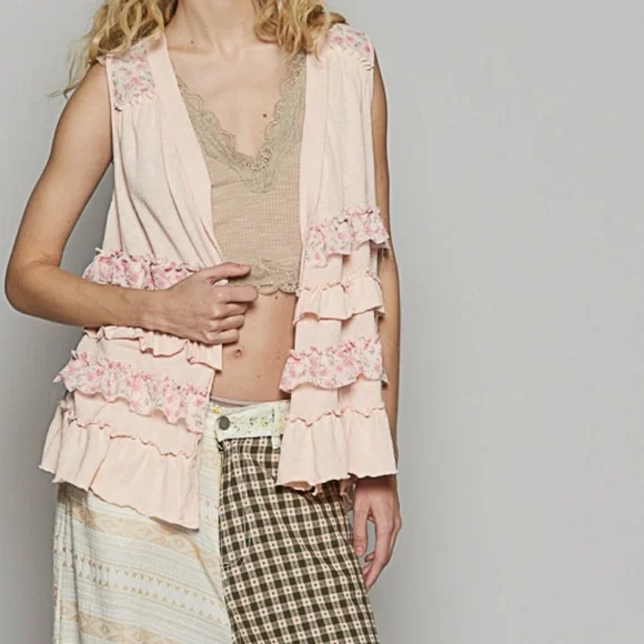 POL NWT Pink Ruffled Sleeveless Cardigan/Vest. Cotton/Poly Blend - Picture 2 of 7